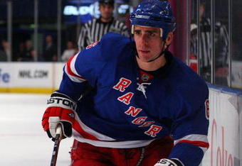NEW YORK - APRIL 07:  Wade Redden #6 of the New York Rangers skates against the Montreal Canadiens on April 7, 2009 at Madison Square Garden in New York City. The Rangers defeated the Habs 3-1.  (Photo by Jim McIsaac/Getty Images)