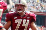 CHESTNUT HILL, MA - OCTOBER 06:  Andre Callender #32 of the Boston College Eagles is congratulated by teammates Anthony Castonzo #74 and Ty Hall #78 after Callender scored touchdown in the second quarter against the Bowling Green Falcons  on October 6, 2007 at Alumni Stadium in Chestnut, Massachusetts.  (Photo by Elsa/Getty Images)