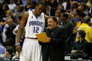 ORLANDO, FL - JUNE 11:  Dwight Howard #12 listens to head coach Stan Van Gundy of the Orlando Magic in Game Four of the 2009 NBA Finals against the Los Angeles Lakers on June 11, 2009 at Amway Arena in Orlando, Florida.  NOTE TO USER:  User expressly acknowledges and agrees that, by downloading and or using this photograph, User is consenting to the terms and conditions of the Getty Images License Agreement.  (Photo by Chris Graythen/Getty Images)