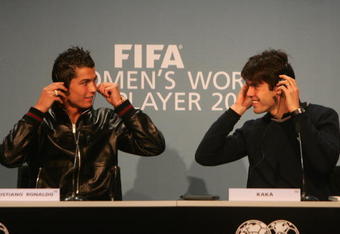 ZURICH, SWITZERLAND - DECEMBER 17:  Cristiano Ronaldo (L) of Manchester United and Portugal sits alongside Kaka  of AC Milan and Brazil  during the FIFA World Player of The Year Gala 2007 at the Zurich Opera House on December 17, 2007 in Zurich, Switzerland.  (Photo by Michael Steele/Getty Images)