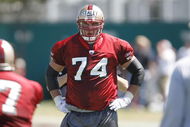 SANTA CLARA, CA - JULY 29:  Offensive lineman Joe Staley #74 of the San Francisco 49ers looks on during training camp on July 29, 2007 in Santa Clara, California. (Photo by Greg Trott/Getty Images) 