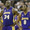SACRAMENTO, CA - JUNE 2: (L-R)Rick Fox #17, Shaquille O'Neal #34 and Kobe Bryant #8 of the Los Angeles Lakers in Game seven of the Western Conference Finals against the Los Angeles Lakers during the 2002 NBA Playoffs at Arco Arena in Sacramento, California on June 2, 2002.  The Lakers won in overtime 112-106.   NOTE TO USER: User expressly acknowledges and agrees that, by downloading and/or using this Photograph, User is consenting to the terms and conditions of the Getty Images License Agreement.  (Photo by Jed Jacobsohn/Getty Images) 