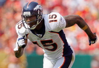 KANSAS CITY - SEPTEMBER 28:  Brandon Marshall #15 of the Denver Broncos runs a pattern during the game against the Kansas City Chiefs on September 28, 2008 at Arrowhead Stadium in Kansas City, Missouri. The Chiefs defeated the Broncos 33-19.  (Photo by: Jamie Squire/Getty Images)
