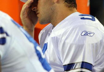 PHILADELPHIA - DECEMBER 28:  Tony Romo #9 of the Dallas Cowboys sits on the bench late in the game against the Philadelphia Eagles on December 28, 2008 at Lincoln Financial Field in Philadelphia, Pennsylvania. The Eagles defeated the Cowboys 44-6.  (Photo by Jim McIsaac/Getty Images)