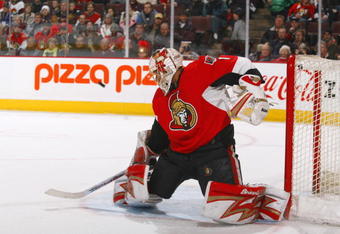 OTTAWA, CANADA- FEBRUARY 21:  Ray Emery #1 of the Ottawa Senators makes a save during first-period action of a game against the Columbus Blue Jackets February 21, 2008 at the Scotiabank Place in Ottawa, Canada. The Ottawa Senators lead the Columbus Blue Jackets 1-0 after the first period. (Photo by Phillip MacCallum/Getty Images)