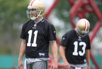 SANTA CLARA, CA - MAY 01:  Quarterbacks Alex Smith #11 and Shaun Hill #13 of the San Francisco 49ers look on during the 49ers Minicamp at their training facilities on May 1, 2009 in Santa Clara, California.  (Photo by Jed Jacobsohn/Getty Images)