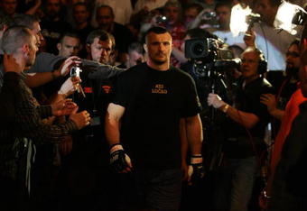 MANCHESTER, UNITED KINGDOM - APRIL 21: A pensive Mirko Cro Cop of Croatia walks to the octagon before fighting Gabriel Gonzaga of USA in a Heavyweight bout of the Ultimate Fighting Championship at the Manchester Evening News Arena on April 21, 2007 in Manchester, England. (Photo by Gary M. Prior/Getty Images)