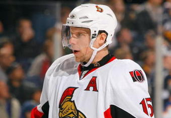 BUFFALO, NY - JANUARY:  Dany Heatley #15 of the Ottawa Senators looks on during a break in their NHL game against the Buffalo Sabres on January 6, 2009 at HSBC Arena in Buffalo, New York. The Sabres defeated the Senators 4-2. (Photo by Rick Stewart/Getty Images)