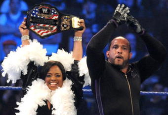 NEW YORK - APRIL 28:  Sherri Shepherd holds up the U.S. title belt after M.V.P. defeated Dolph Ziggler during a match at WWE SmackDown at Madison Square Garden on April 28, 2009 in New York City.  (Photo by George Napolitano/Getty Images)