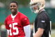 SANTA CLARA, CA - MAY 01: Michael Crabtree #15 of the San Francisco 49ers looks on during practice as quaterback Alex Smith #11 practices during the 49ers Minicamp at their training facilities on May 1, 2009 in Santa Clara, California. Crabtree was the 49ers first round draft pick. (Photo by Jed Jacobsohn/Getty Images)