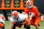 BEREA, OH - MAY 02:  Alex Mack #55 of the Cleveland Browns gets ready to snap the ball to Richard Bartel #13 during rookie mini camp at the Cleveland Browns Training and Administrative Complex on May 2, 2009 in Berea, Ohio.  (Photo by Gregory Shamus/Getty Images)