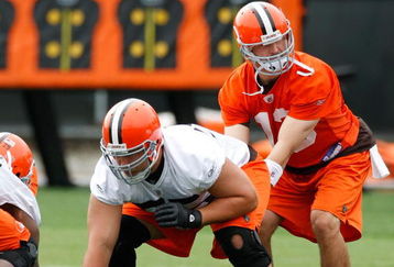 BEREA, OH - MAY 02:  Alex Mack #55 of the Cleveland Browns gets ready to snap the ball to Richard Bartel #13 during rookie mini camp at the Cleveland Browns Training and Administrative Complex on May 2, 2009 in Berea, Ohio.  (Photo by Gregory Shamus/Getty Images)