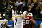 TAMPA, FL - FEBRUARY 01:  Ben Roethlisberger #7 of the Pittsburgh Steelers celebrates after he threw a 6-yard touchdown pass to Santonio Holmes #10 in the fourth quarter against the Arizona Cardinals during Super Bowl XLIII on February 1, 2009 at Raymond James Stadium in Tampa, Florida. Steelers won 27-23. (Photo by Al Bello/Getty Images)