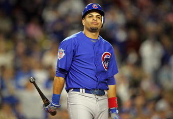 LOS ANGELES, CA - OCTOBER 04:  Aramis Ramirez #16 of the Chicago Cubs reacts while at-bat in the first inning while taking on the Los Angeles Dodgers in Game Three of the NLDS during the 2008 MLB playoffs on October 4, 2008 at Dodger Stadium in Los Angeles, California. The Dodgers defeatee the Cubs 3-1 to advance to the NLCS.  (Photo by Lisa Blumenfeld/Getty Images)