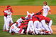 PHILADELPHIA - OCTOBER 29: The Philadelphia Phillies pile on top of closing pitcher Brad Lidge #54 after they won 4-3 to win the World Series against the Tampa Bay Rays during the continuation of game five of the 2008 MLB World Series on October 29, 2008 at Citizens Bank Park in Philadelphia, Pennsylvania. (Photo by Michael Heiman/Getty Images)