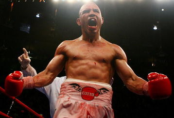 NEW YORK - JUNE 09:  Miguel Cotto of Puerto Rico celebrates Zab Judah taking a knee during their WBA Welterweight Championship bout on June 9, 2007 at Madison Square Garden in New York City.  (Photo by Nick Laham/Getty Images)