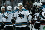 ANAHEIM, CA - APRIL 27:  Rob Blake #4 of the San Jose Sharks is congratulated by his teammates on an assist against the Anaheim Ducks during Game Six of the Western Conference Quarterfinal Round of the 2009 Stanley Cup Playoffs at the Honda Center on April 27, 2009 in Anaheim, California.  (Photo by Jeff Gross/Getty Images)
