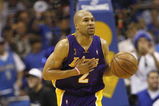 ORLANDO, FL - JUNE 11:  Derek Fisher #2 of the Los Angeles Lakers moves the ball against the Orlando Magic in Game Four of the 2009 NBA Finals on June 11, 2009 at Amway Arena in Orlando, Florida. The Lakers won in overtime 99-91. NOTE TO USER:  User expressly acknowledges and agrees that, by downloading and or using this photograph, User is consenting to the terms and conditions of the Getty Images License Agreement. (Photo by Chris Graythen/Getty Images)