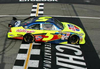 BROOKLYN, MI - JUNE 14:  Mark Martin, driver of the #5 CARQUEST/Kellogg's Chevrolet, crosses the finish line to win the NASCAR Sprint Cup Series LifeLock 400 at Michigan International Speedway on June 14, 2009 in Brooklyn, Michigan.  (Photo by Chris Trotman/Getty Images)