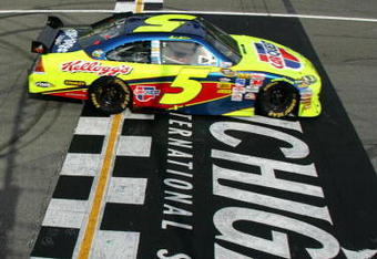 BROOKLYN, MI - JUNE 14:  Mark Martin, driver of the #5 CARQUEST/Kellogg's Chevrolet, crosses the finish line to win the NASCAR Sprint Cup Series LifeLock 400 at Michigan International Speedway on June 14, 2009 in Brooklyn, Michigan.  (Photo by Chris Trotman/Getty Images)