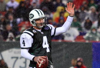 EAST RUTHERFORD, NJ - NOVEMBER 30:  Brett Favre #4 of the New York Jets gestures to the referee after a play against the Denver Broncos on November 30, 2008 at Giants Stadium in East Rutherford, New Jersey.  (Photo by Jim McIsaac/Getty Images)