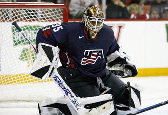 HALIFAX, NS, CANADA - MAY 11:  Robert Esche #35 of the United States stops the puck during the game against Finland at the IIHF World Ice Hockey Championship qualification round at the Halifax Metro Centre on May 11, 2008 in Halifax, Nova Scotia, Canada.  Finland defeated the United States 3-2.  (Photo by Richard Wolowicz/Getty Images)