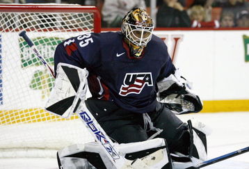 HALIFAX, NS, CANADA - MAY 11:  Robert Esche #35 of the United States stops the puck during the game against Finland at the IIHF World Ice Hockey Championship qualification round at the Halifax Metro Centre on May 11, 2008 in Halifax, Nova Scotia, Canada.  Finland defeated the United States 3-2.  (Photo by Richard Wolowicz/Getty Images)
