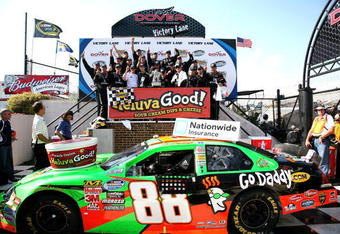 DOVER, DE - MAY 30: Brad Keselowski, driver of the #88 GoDaddy.com Chevrolet, celebrates with his team in victory lane after winning the NASCAR Nationwide Series Heluva Good!  200 at Dover International Speedway on May 30, 2009 in Dover, Delaware.  (Photo by Jerry Markland/Getty Images for NASCAR)