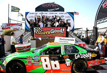 DOVER, DE - MAY 30: Brad Keselowski, driver of the #88 GoDaddy.com Chevrolet, celebrates with his team in victory lane after winning the NASCAR Nationwide Series Heluva Good!  200 at Dover International Speedway on May 30, 2009 in Dover, Delaware.  (Photo by Jerry Markland/Getty Images for NASCAR)