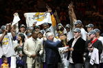 ORLANDO, FL - JUNE 14:  NBA Commissioner David Stern hands the Larry O'Brien trophy to Lakers' representative Joey Buss of the Buss family owners of Los Angeles Lakers after they defeated the Orlando Magic 99-86 in Game Five of the 2009 NBA Finals on June 14, 2009 at Amway Arena in Orlando, Florida.  NOTE TO USER:  User expressly acknowledges and agrees that, by downloading and or using this photograph, User is consenting to the terms and conditions of the Getty Images License Agreement.  (Photo by Elsa/Getty Images)