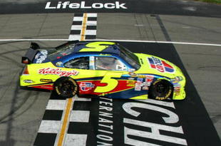 BROOKLYN, MI - JUNE 14:  Mark Martin, driver of the #5 CARQUEST/Kellogg's Chevrolet, crosses the finish line to win the NASCAR Sprint Cup Series LifeLock 400 at Michigan International Speedway on June 14, 2009 in Brooklyn, Michigan.  (Photo by Chris Trotman/Getty Images)