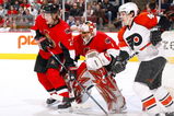 OTTAWA, CANADA - FEBRUARY 19:  Anton Volchenkov #24 and goaltender Ray Emery #1 of the Ottawa Senators defend the net against Daniel Briere #48 of the Philadelphia Flyers during their NHL game on February 19, 2008 at the Scotiabank Place in Ottawa, Ontario, Canada. The Senators defeated the Flyers 3-2 in shootout overtime. (Photo by Phillip MacCallum/Getty Images)