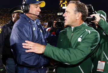 ANN ARBOR, MI - OCTOBER 25: Head coach Mark Dantonio of the Michigan State Spartans shakes hands with head coach Rich Rodriguez of the Michigan Wolverines after a Michigan State 35-21 victory on October 25, 2008 at Michigan Stadium in Ann Arbor, Michigan.  (Photo by Gregory Shamus/Getty Images)