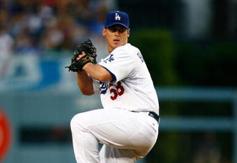 LOS ANGELES, CA - JUNE 09:  Chad Billingsley #58 of the Los Angeles Dodgers throws a pitch against the San Diego Padres at Dodger Stadium on June 9, 2009 in Los Angeles, California.  (Photo by Jeff Gross/Getty Images)