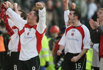 CUMBERNAULD, UNITED KINGDOM - JANUARY 08: Alex Williams (L) and Gary Arbuckle of Clyde celebrates after the Scottish Cup 3rd round match against Celtic at Broadwood stadium January 8, 2006 in Cumbernauld, Scotland. Clyde won the match 2-1.  (Photo by Jeff J Mitchell/Getty Images)
