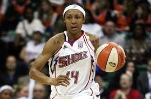 YPSILANTI, MI - OCTOBER 05:  Deanna Nolan #14 of the Detroit Shock brings the ball up court during the game against the San Antonio Silver Stars in Game Three of the WNBA Finals on October 5, 2008 at Eastern Michigan University Convocation Center in Ypsilanti, Michigan.  The Shock won 76-60 and won the WNBA Championship.  NOTE TO USER: User expressly acknowledges and agrees that, by downloading and or using this Photograph, User is consenting to the terms and conditions of the Getty Images License Agreement.  (Photo by Domenic Centofanti/Getty Images)