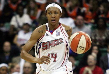 YPSILANTI, MI - OCTOBER 05:  Deanna Nolan #14 of the Detroit Shock brings the ball up court during the game against the San Antonio Silver Stars in Game Three of the WNBA Finals on October 5, 2008 at Eastern Michigan University Convocation Center in Ypsilanti, Michigan.  The Shock won 76-60 and won the WNBA Championship.  NOTE TO USER: User expressly acknowledges and agrees that, by downloading and or using this Photograph, User is consenting to the terms and conditions of the Getty Images License Agreement.  (Photo by Domenic Centofanti/Getty Images)