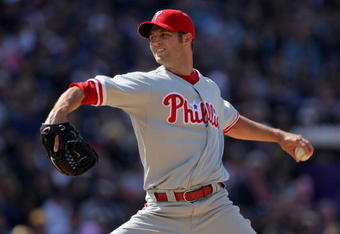 DENVER - APRIL 10:  J.A. Happ #43 of the Philadelphia Phillies pitches in relief against the Colorado Rockies during MLB action on Opening Day at Coors Field on April 10, 2009 in Denver, Colorado. The Rockies defeated the Phillies 10-3.  (Photo by Doug Pensinger/Getty Images)