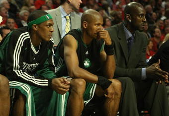 CHICAGO - APRIL 30: Rajon Rondo #9, Ray Allen #20 and Kevin Garnett of the Boston Celtics watch from the bench in Game Six of the Eastern Conference Quarterfinals during the 2009 NBA Playoffs against the Chicago Bulls at the United Center on April 30, 2009 in Chicago, Illinois. The Bulls defeated the Celtics 128-127 in triple-overtime. NOTE TO USER: User expressly acknowledges and agreees that, by downloading and/or using this Photograph, User is consenting to the terms and conditions of the Getty Images License Agreement. (Photo by Jonathan Daniel/Getty Images)
