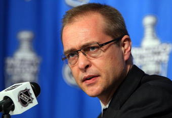 RALEIGH, NC - MAY 26: Head coach Paul Maurice of the Carolina Hurricanes speaks to the media after losing to the Pittsburgh Penguins after Game Four of the Eastern Conference Championship Round of the 2009 Stanley Cup Playoffs at RBC Center on May 26, 2009 in Raleigh, North Carolina.  (Photo by Jim McIsaac/Getty Images)