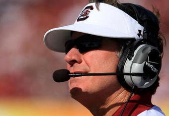 TAMPA, FL - JANUARY 01:  Steve Spurrier, head coach of the South Carolina Gamecocks watches from the sideline during their game against the Iowa Hawkeyes at the Outback Bowl on January 1, 2009 at Raymond James Stadium in Tampa, Florida.  (Photo by Scott Halleran/Getty Images)