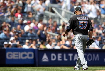 NEW YORK - JUNE 14:  Johan Santana #57 of the New York Mets leaves the game in the fourth inning against the New York Yankees on June 14, 2009 at Yankee Stadium in the Bronx borough of New York City.  (Photo by Nick Laham/Getty Images)
