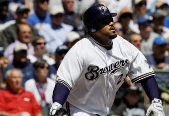 MILWAUKEE - MAY 14: Prince Fielder #28 of the Milwaukee Brewers runs after hitting the ball against the Florida Marlins on May 14, 2009 at Miller Park in Milwaukee, Wisconsin. The Brewers defeated the Marlins 5-3. (Photo by Jonathan Daniel/Getty Images)