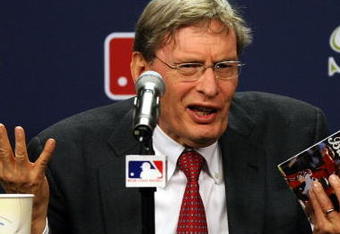 PHILADELPHIA - OCTOBER 27:  Major League Baseball commissioner Bud Selig explains the rules involved with suspending game five of the 2008 MLB World Series between the Philadelphia Phillies and the Tampa Bay Rays till 8:00 pm (EST) on October 28 at the earliest of the Philadelphia Phillies at a press conference on October 27, 2008 at Citizens Bank Park in Philadelphia, Pennsylvania.  (Photo by Elsa/Getty Images)