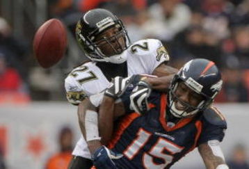 DENVER - OCTOBER 12:  Corner back Rashean Mathis #27 of the Jacksonville Jaguars breaks up a pass intended for wide receiver Brandon Marshall #15 of the Denver Broncos during NFL action at Invesco Field at Mile High on October 12, 2008 in Denver, Colorado. The Jaguars defeated the Broncos 24-17.  (Photo by Doug Pensinger/Getty Images)