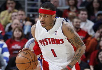 CLEVELAND - FEBRUARY 22:  Allen Iverson #1 of the Detroit Pistons brings the ball up court against the Cleveland Cavaliers on February 22, 2009 at the Quicken Loans Arena in Cleveland, Ohio. Cleveland won the game 99-78. NOTE TO USER: User expressly acknowledges and agrees that, by downloading and or using this photograph, User is consenting to the terms and conditions of the Getty Images License Agreement.  (Photo by Gregory Shamus/Getty Images)