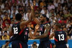 BEIJING - AUGUST 24:  LeBron James #6 and Chris Bosh #12 of the United State celebrate a play in the gold medal game against Spain during Day 16 of the Beijing 2008 Olympic Games at the Beijing Olympic Basketball Gymnasium on August 24, 2008 in Beijing, China.  (Photo by Jed Jacobsohn/Getty Images)