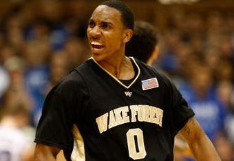 DURHAM, NC - FEBRUARY 22:  Jeff Teague #0 of the Wake Forest Demon Deacons reacts to making a basket against the Duke Blue Devils during their game at Cameron Indoor Stadium on February 22, 2009 in Durham, North Carolina.  (Photo by Streeter Lecka/Getty Images)