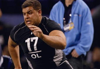 INDIANAPOLIS, IN - FEBRUARY 21:  Offensive lineman Alex Fletcher of Stanford runs in practice drills during the NFL Scouting Combine presented by Under Armour at Lucas Oil Stadium on February 21, 2009 in Indianapolis, Indiana. (Photo by Scott Boehm/Getty Images)