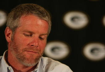 GREEN BAY, WI - MARCH 06: Quarterback Brett Favre of the Green Bay Packers announces his retirement at a press conference on March 6, 2008 at Lambeau Field in Green Bay, Wisconsin. (Photo by Jonathan Daniel/Getty Images)